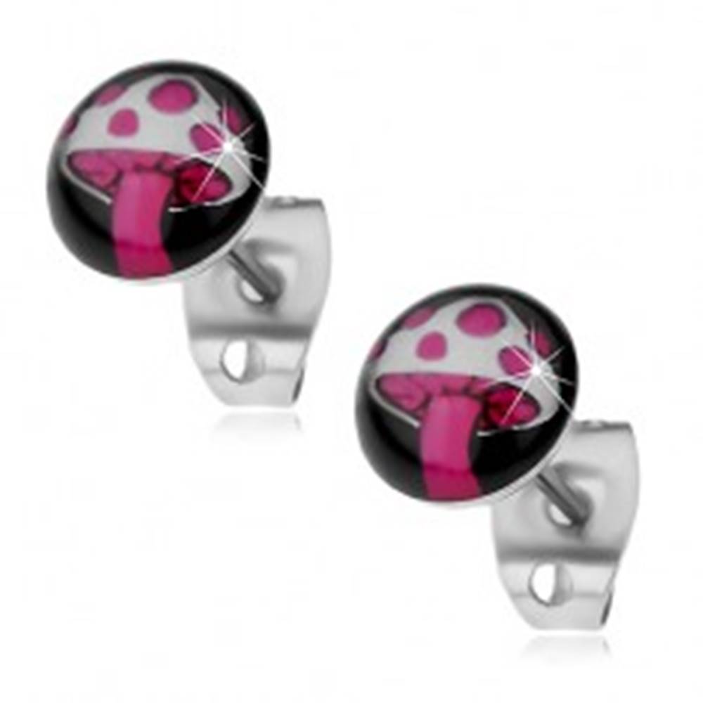 Šperky eshop Náušnice z ocele 316L, ružovo-biela muchotrávka na čiernom kruhu