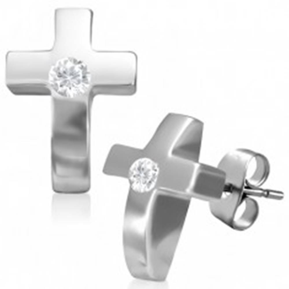 Šperky eshop Oceľové náušnice v tvare krížika so zirkónom