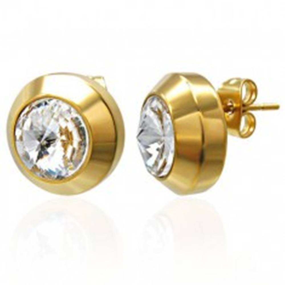 Šperky eshop Oceľové náušnice zlatej farby - veľký číry zirkón v objímke