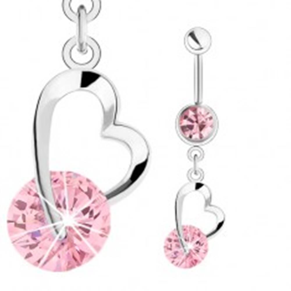 Šperky eshop Oceľový piercing do pupka, strieborná farba, ružové zirkóny, kontúra srdiečka
