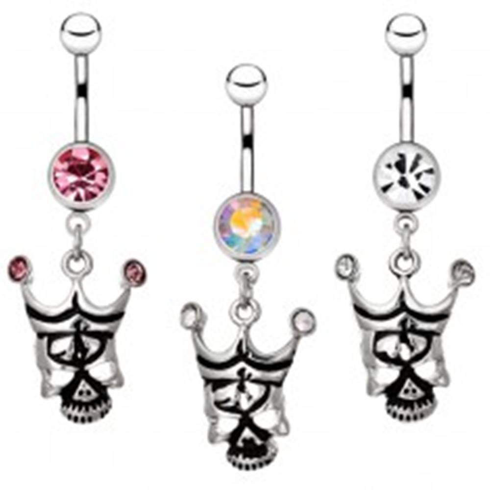 Šperky eshop Oceľový piercing do pupku - lebka s korunou a zirkónmi - Farba zirkónu: Číra - C