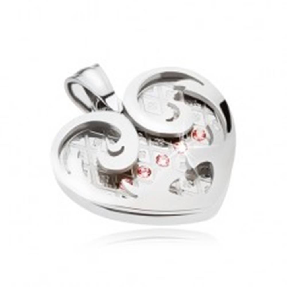 Šperky eshop Oceľový prívesok, srdce s ornamentmi v striebornej farbe, ružové zirkóny