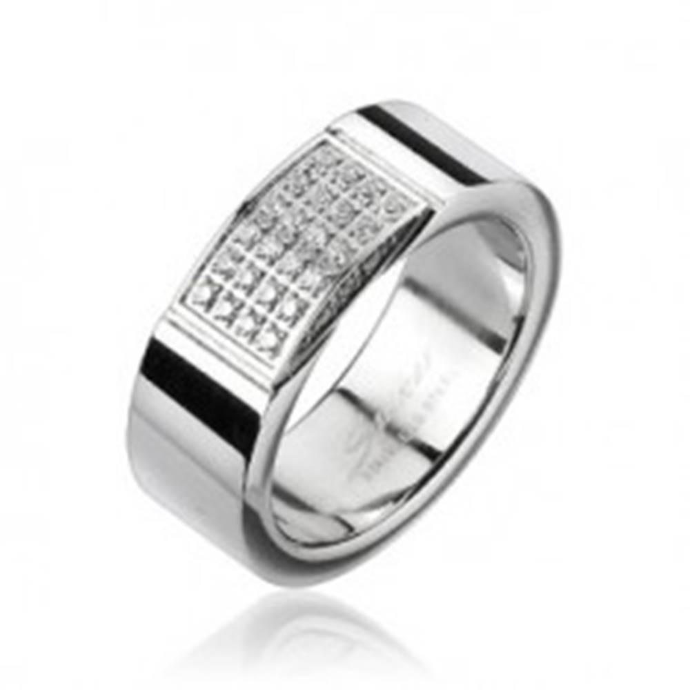 Šperky eshop Oceľový prsteň - obdĺžnik vykladaný drobnými zirkónmi - Veľkosť: 59 mm