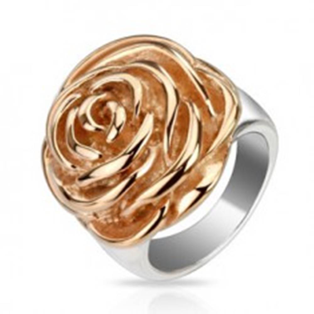 Šperky eshop Oceľový prsteň - rozkvitnutý kvet ruže medenej farby - Veľkosť: 51 mm