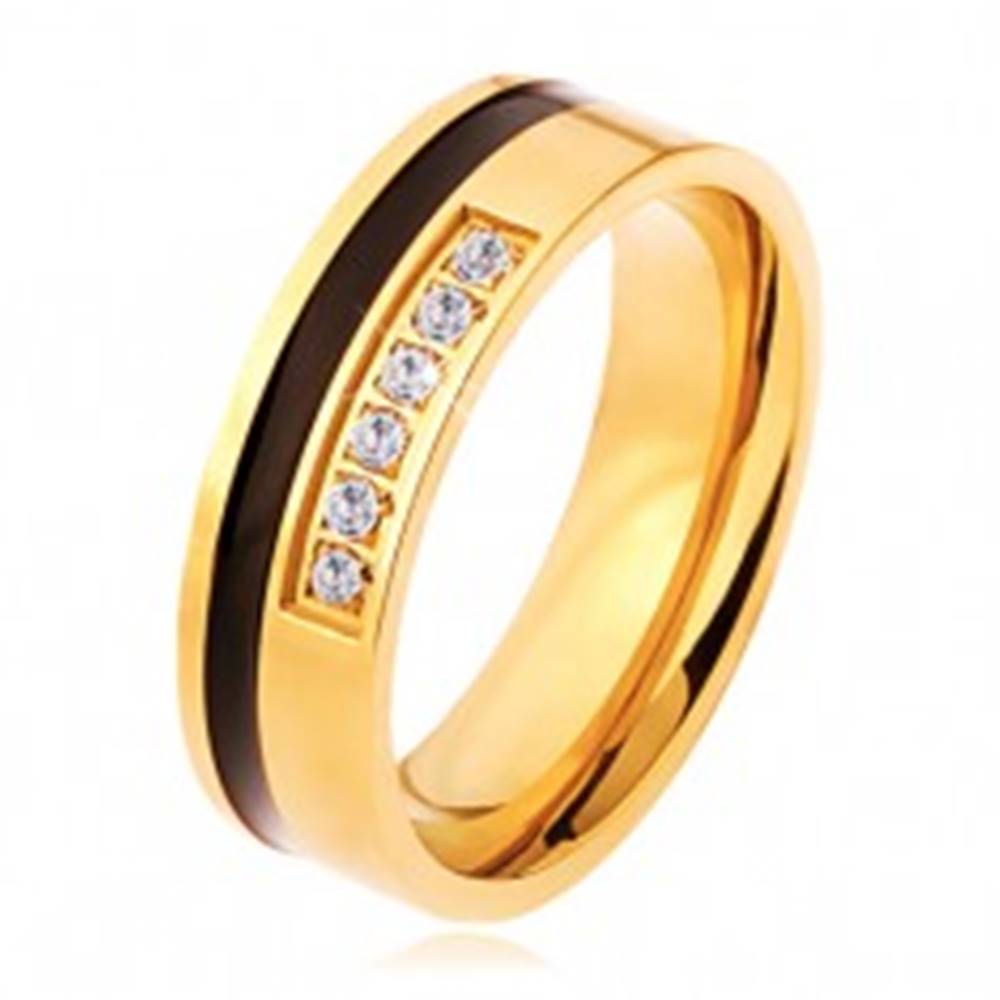 Šperky eshop Oceľový prsteň zlatej a čiernej farby, ozdobná línia čírych zirkónov - Veľkosť: 54 mm