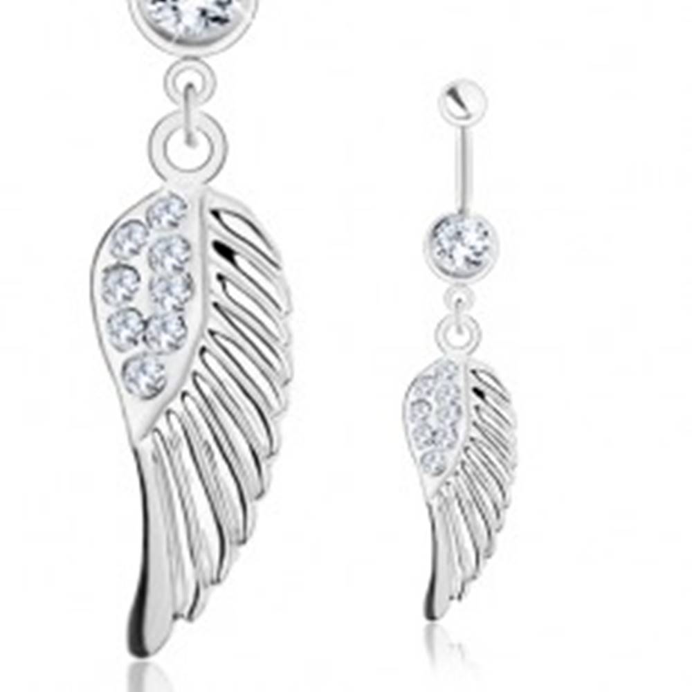 Šperky eshop Piercing do brucha - oceľ 316L, anjelské krídlo s čírymi zirkónikmi, strieborný odtieň