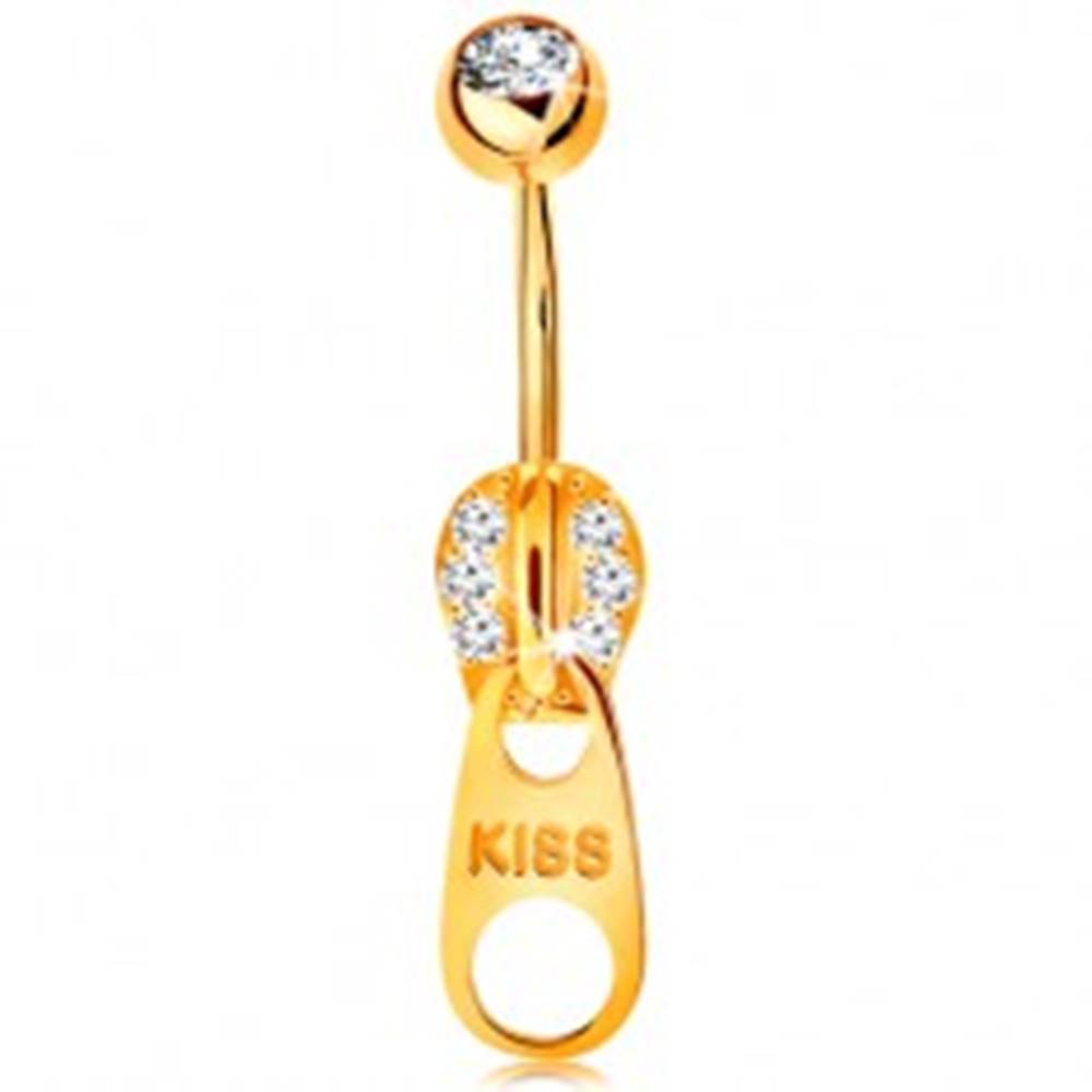 Šperky eshop Piercing do bruška v žltom 9K zlate - zips zdobený zirkónikmi a nápisom KISS