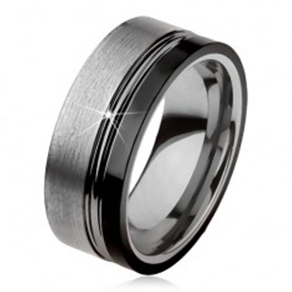 Šperky eshop Wolfrámový prsteň, dva zárezy, oceľovosivá a čierna farba, lesklo-matný povrch - Veľkosť: 49 mm