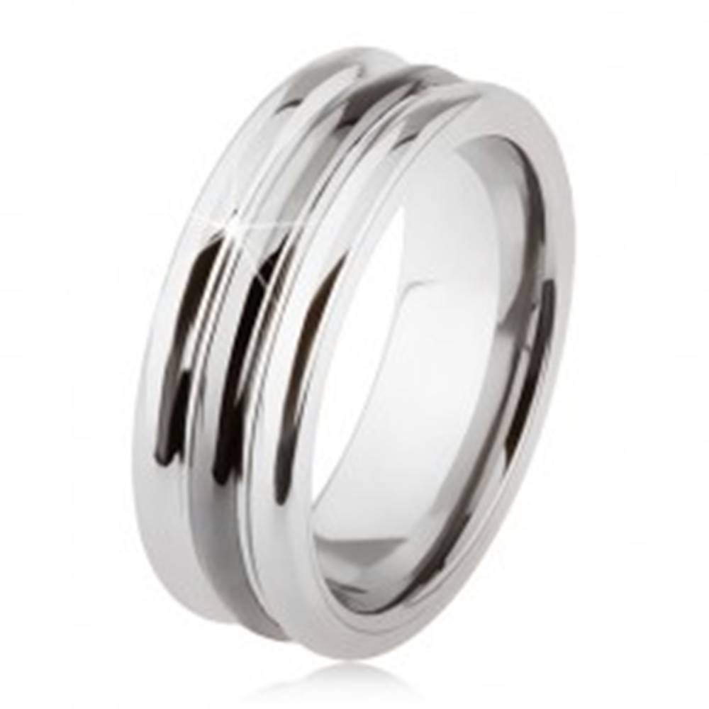 Šperky eshop Wolfrámový prsteň s lesklým povrchom, dva zárezy, čierna a strieborná farba - Veľkosť: 54 mm
