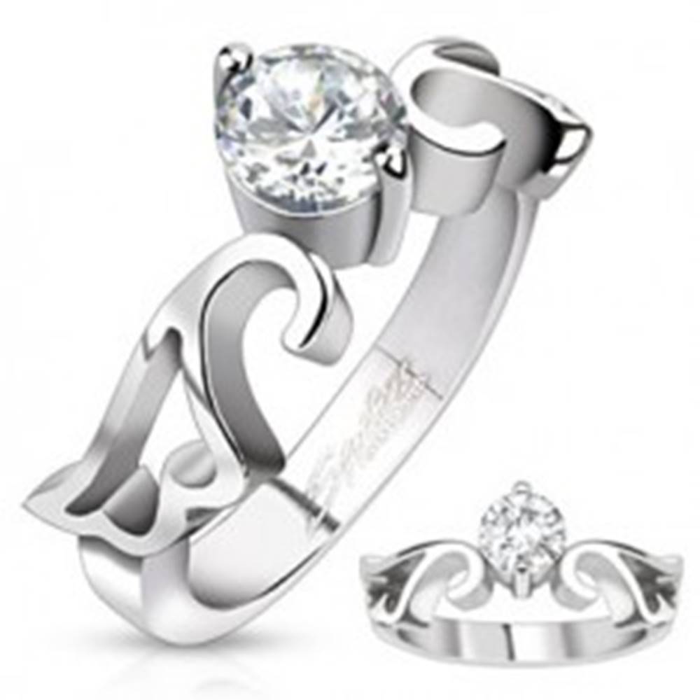 Šperky eshop Zásnubný prsteň z ocele s čírym zirkónom a výrezom krídiel - Veľkosť: 49 mm