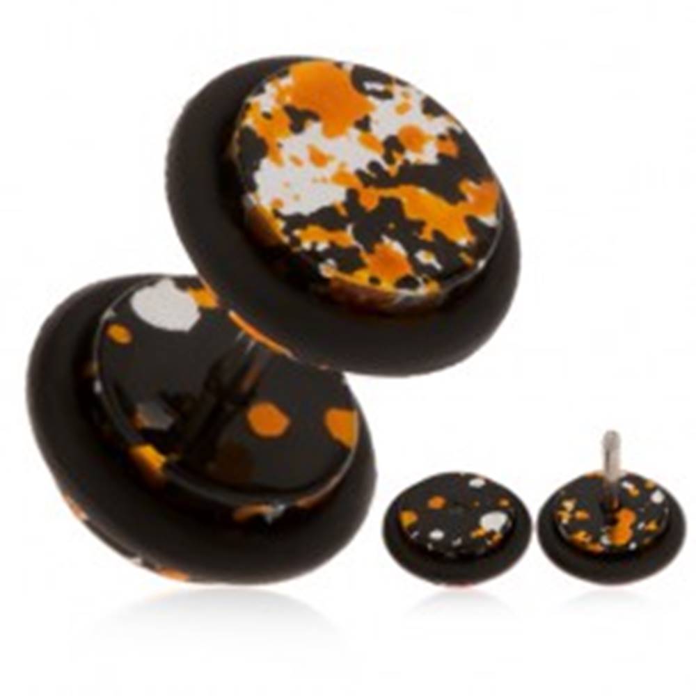 Šperky eshop Akrylový falošný plug do ucha - fľaky čiernej, oranžovej a striebornej farby