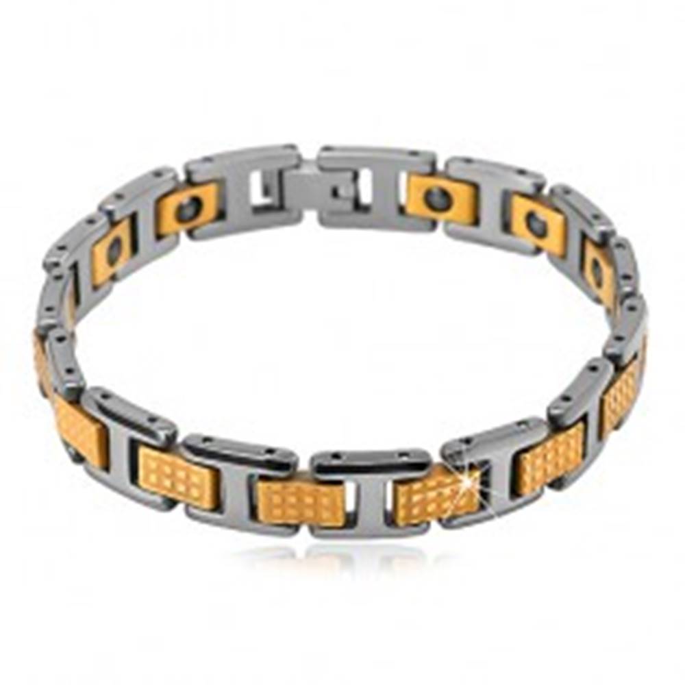 Šperky eshop Dvojfarebný tungstenový náramok - lesklé obdĺžnikové a H-články, magnety