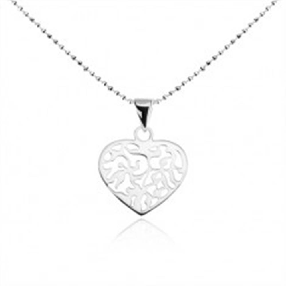 Šperky eshop Náhrdelník zo striebra 925, guličková retiazka, ploché srdce s výrezmi
