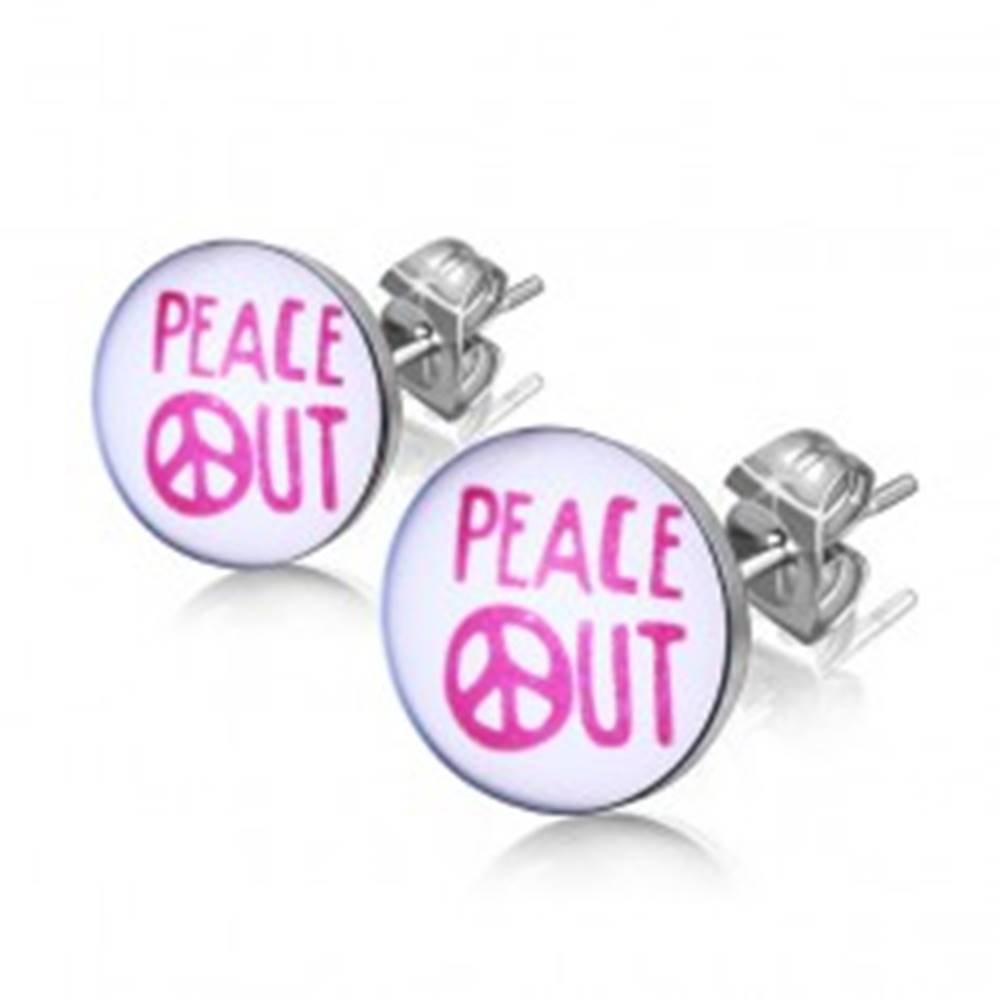Šperky eshop Oceľové náušnice - nápis "PEACE OUT" v krúžku