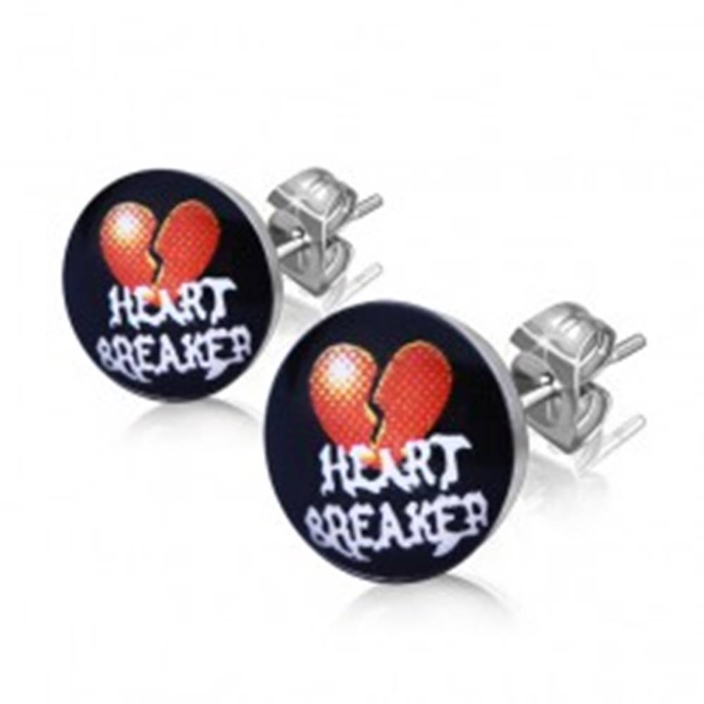 Šperky eshop Oceľové náušnice - rozpolené srdce, nápis "HEART BREAKER"
