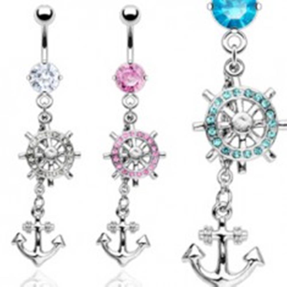 Šperky eshop Oceľový piercing do bruška so zirkónmi, príveskom kotvy a kormidla - Farba zirkónu: Aqua modrá - Q