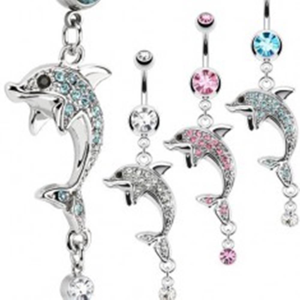 Šperky eshop Oceľový piercing do pupka, strieborná farba, delfín, farebné zirkóny - Farba zirkónu: Aqua modrá - Q
