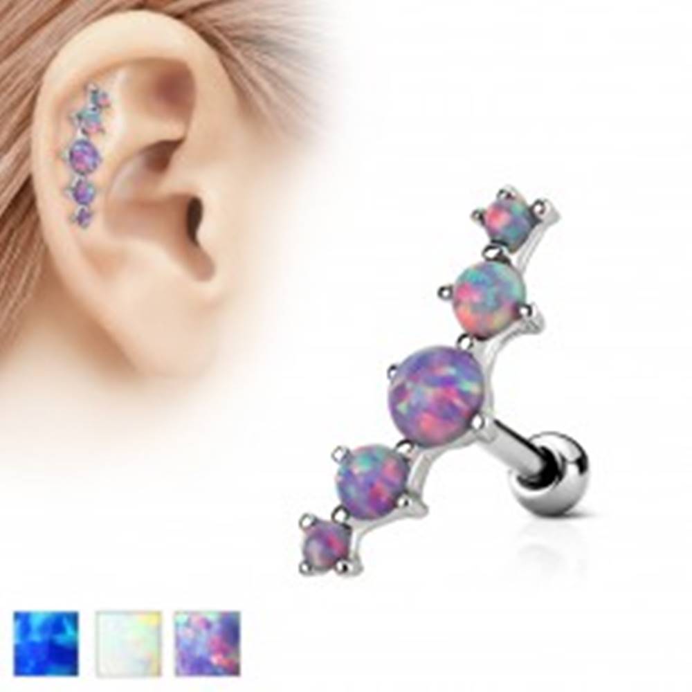 Šperky eshop Piercing do ucha z ocele 316L, oblúk z piatich syntetických opálov - Farba piercing: Biela