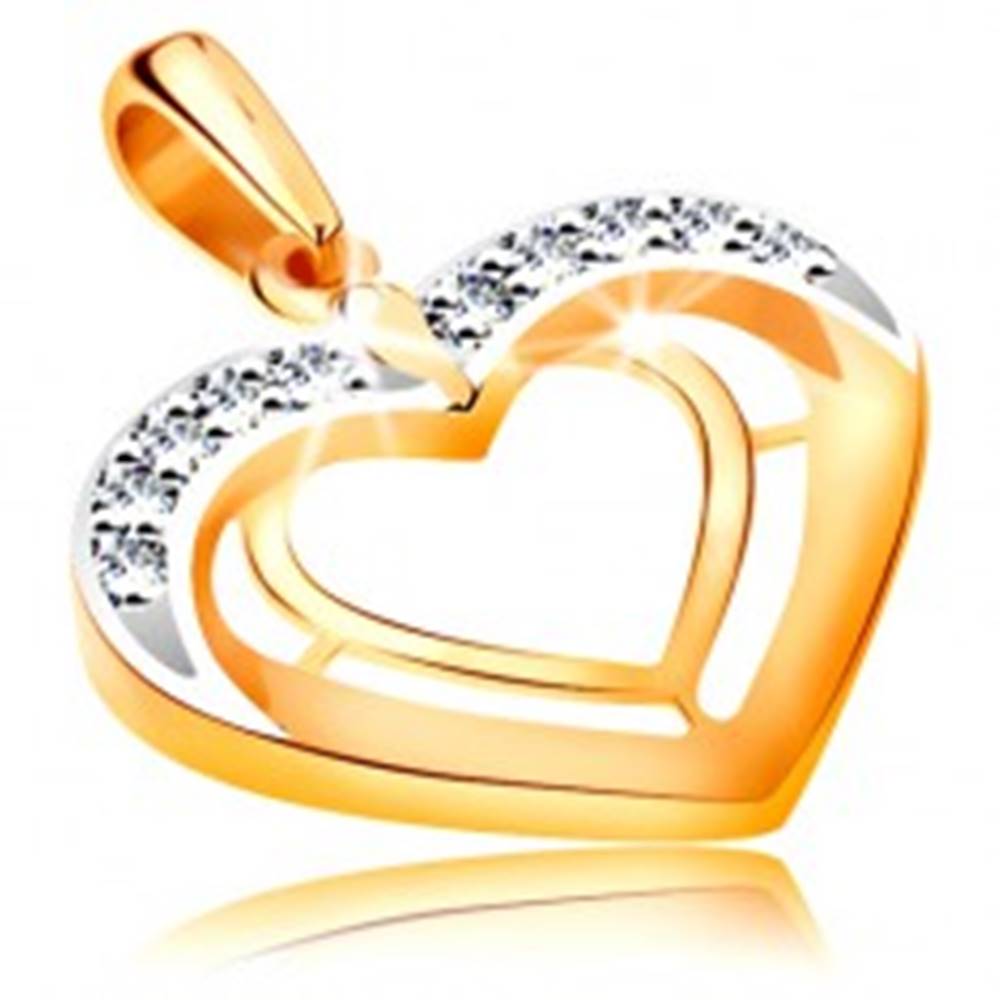Šperky eshop Prívesok v 14K zlate - dve srdcové kontúry v dvojfarebnom prevedení, zirkóny