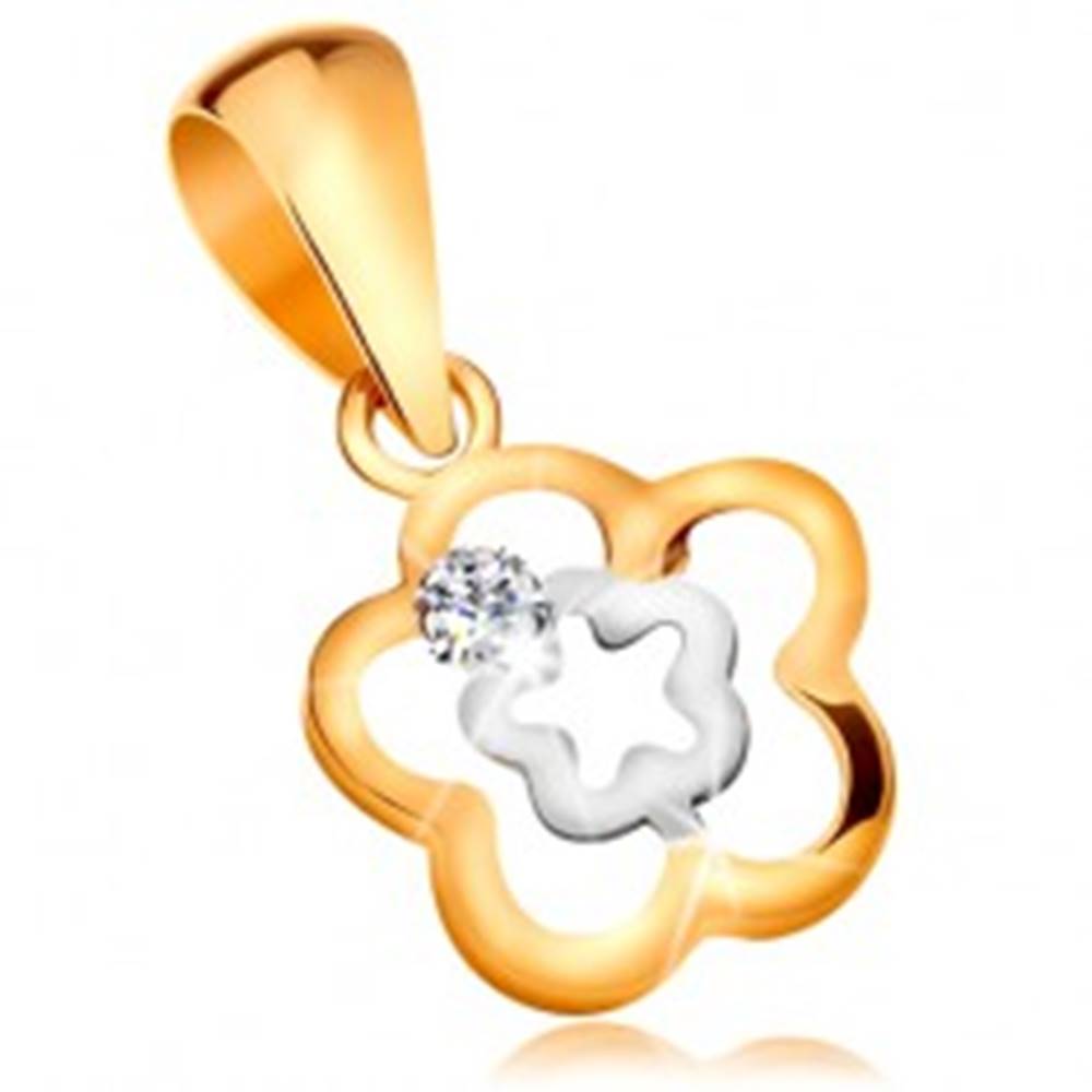 Šperky eshop Prívesok zo 14K zlata - zvlnený dvojfarebný obrys kvetu s čírym zirkónom
