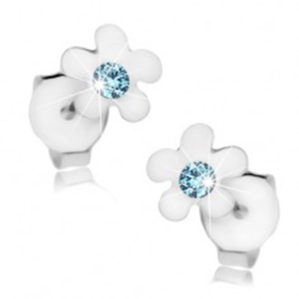 Šperky eshop Puzetové náušnice, striebro 925, kvet s lesklými lupeňmi a modrým krištálikom