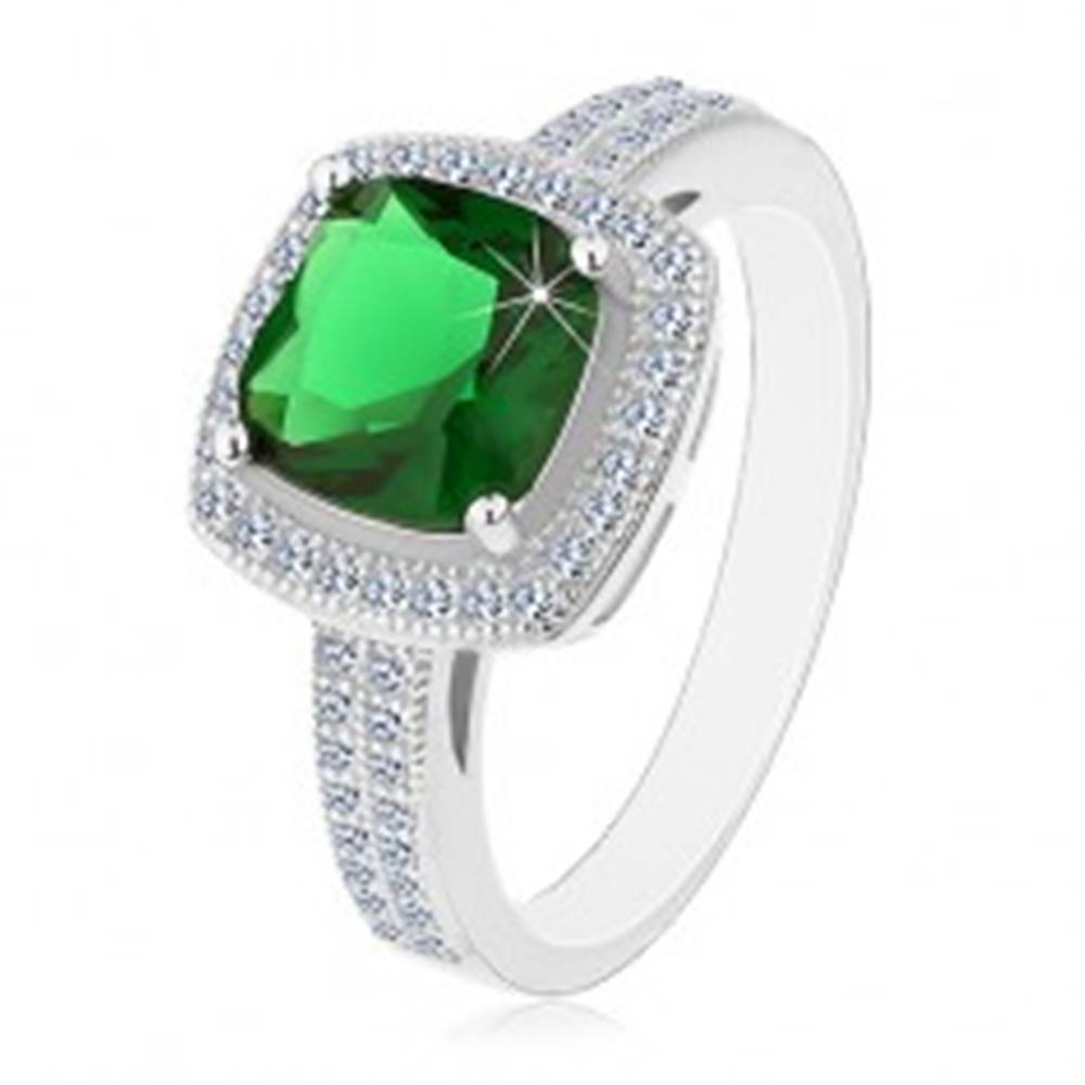 Šperky eshop Ródiovaný prsteň, striebro 925, zelený štvorcový zirkón a číry zirkónový lem - Veľkosť: 54 mm