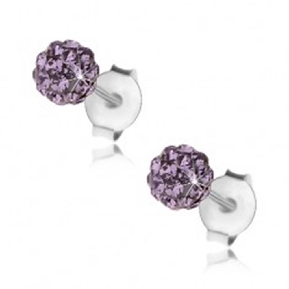 Šperky eshop Strieborné náušnice 925, fialová trblietavá gulička, Preciosa krištále, 4 mm