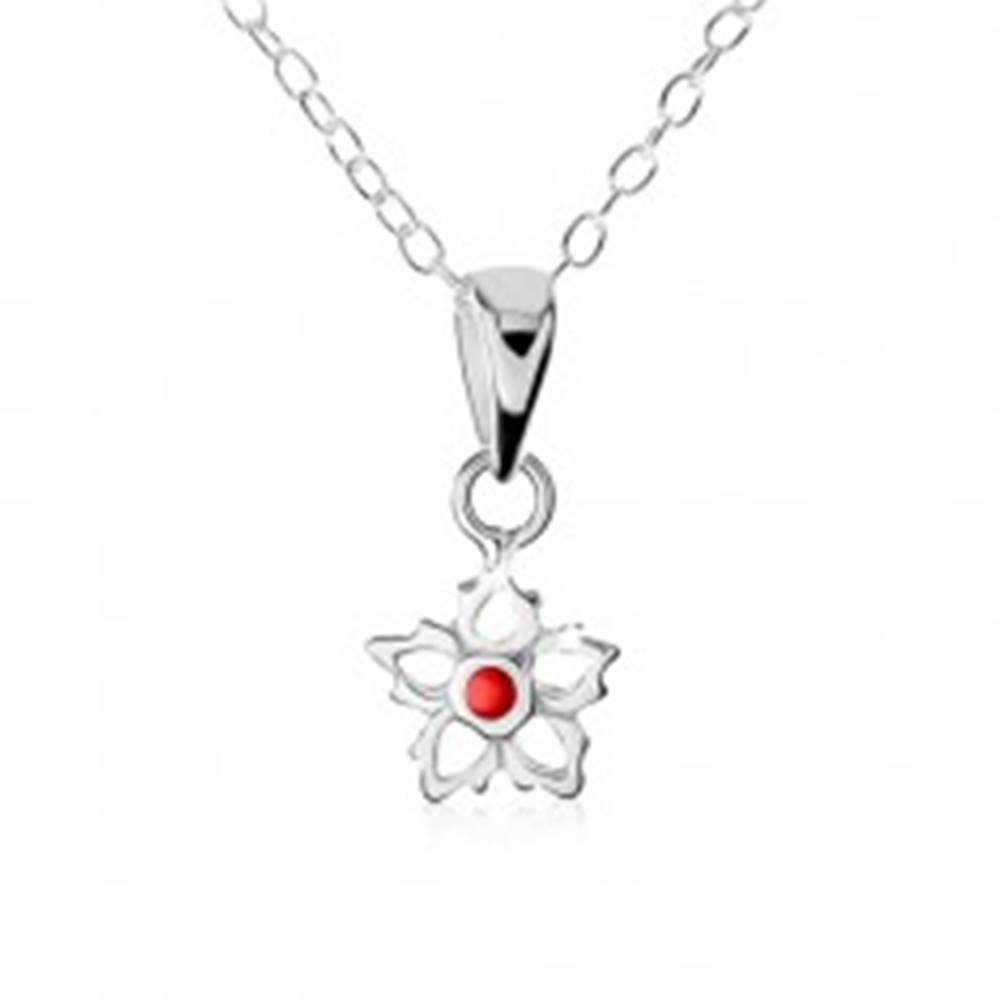 Šperky eshop Strieborný náhrdelník 925, obrys kvetu s červenou guličkou uprostred
