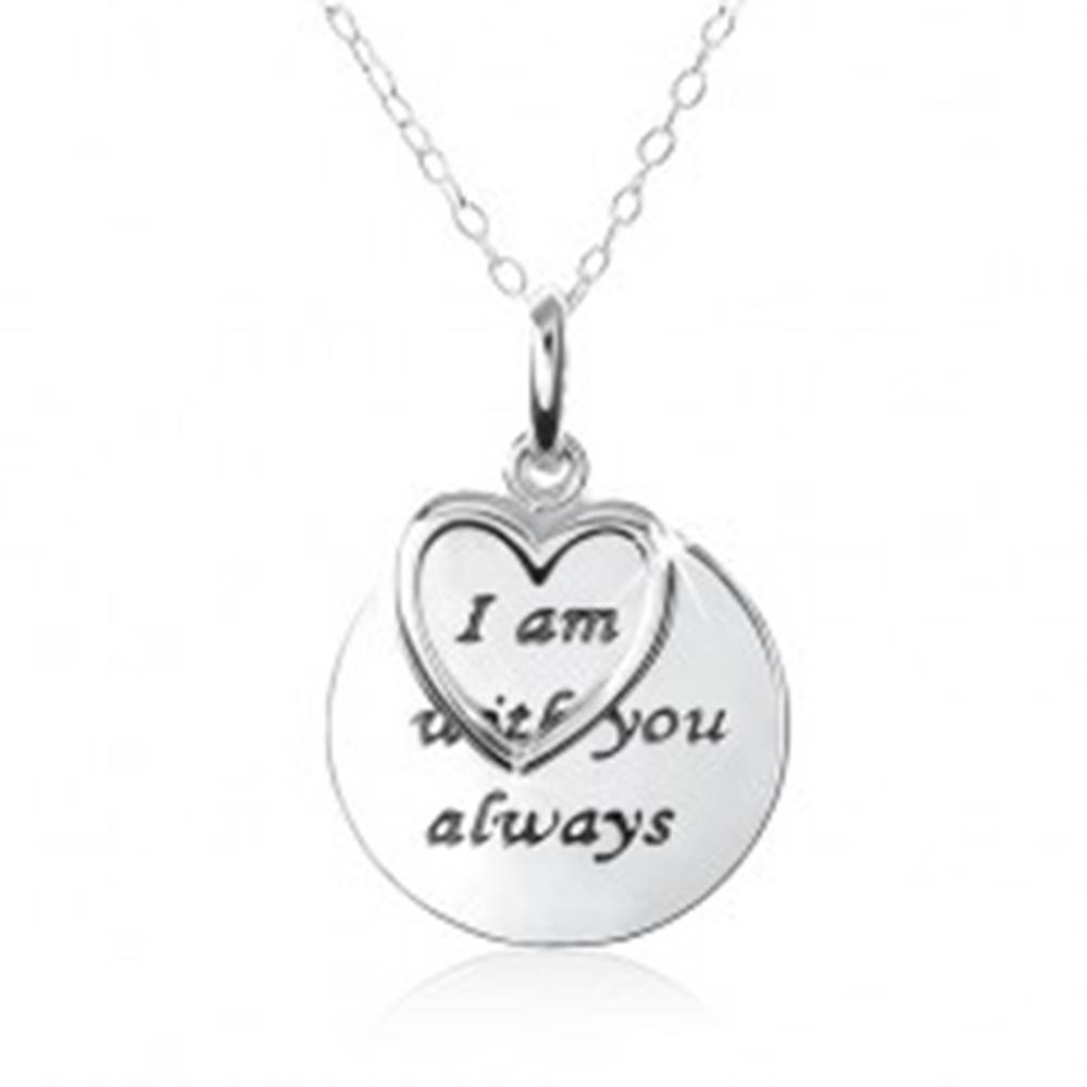 Šperky eshop Strieborný náhrdelník 925, srdce, známka s nápisom "I am with you always"