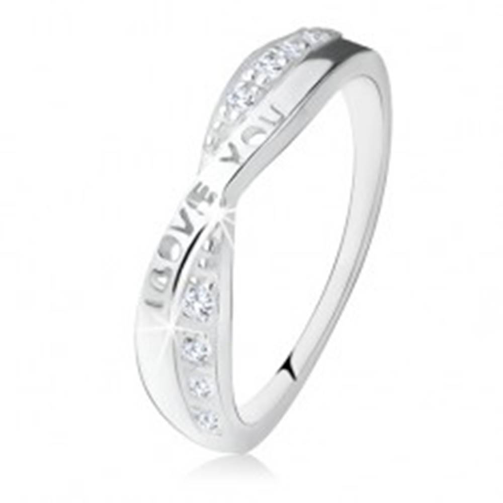 Šperky eshop Strieborný prsteň 925, prekrížené ramená, zirkóny, nápis "I LOVE YOU" - Veľkosť: 49 mm