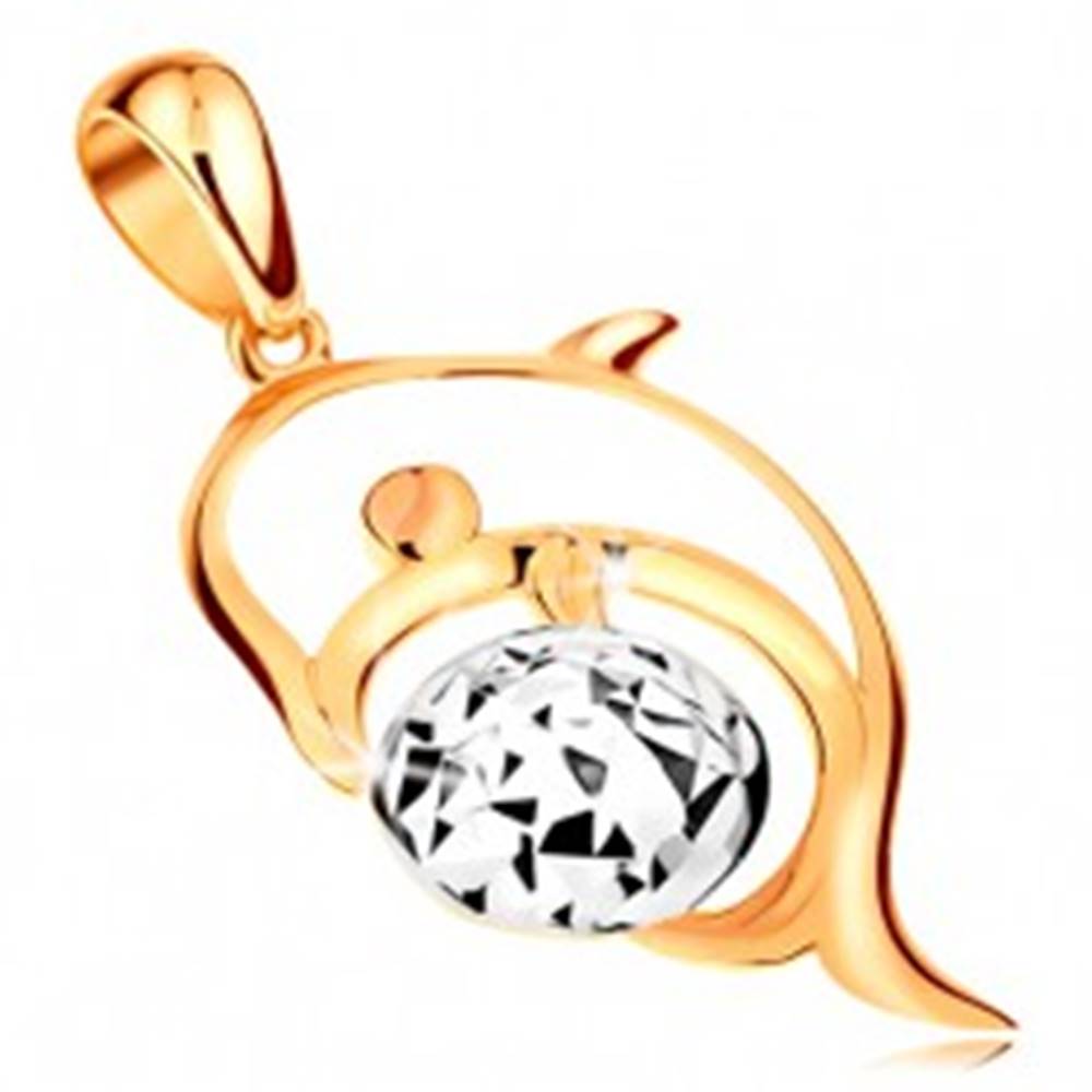 Šperky eshop Zlatý 14K prívesok - kontúra delfína, lopta z bieleho zlata zdobená zárezmi