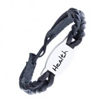 Kožený čierny náramok - pletený, známka, nápis "HEALTH"