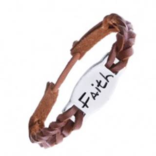 Úzky pletený náramok z kože - karamelový, známka "FAITH"