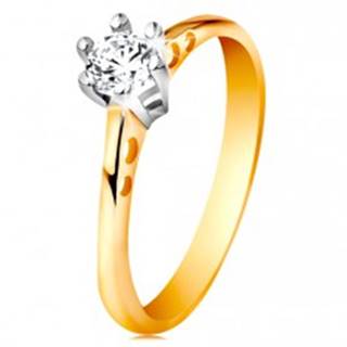 Zlatý 14K prsteň - okrúhle výrezy na ramenách, číry zirkón v kotlíku z bieleho zlata - Veľkosť: 49 mm
