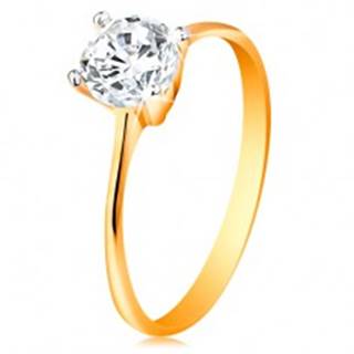 Zlatý prsteň 14K - zúžené ramená, žiarivý číry zirkón v lesklom kotlíku - Veľkosť: 49 mm