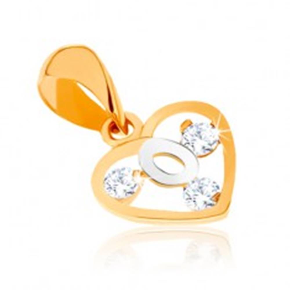 Šperky eshop Dvojfarebný prívesok v 9K zlate - obrys srdca, slučka z bieleho zlata, zirkóny