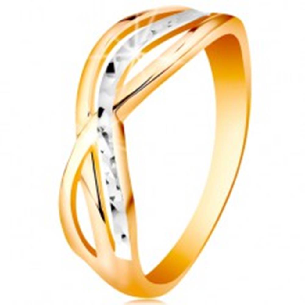 Šperky eshop Dvojfarebný prsteň v 14K zlate - zvlnené a rozvetvené línie ramien, ryhy - Veľkosť: 47 mm