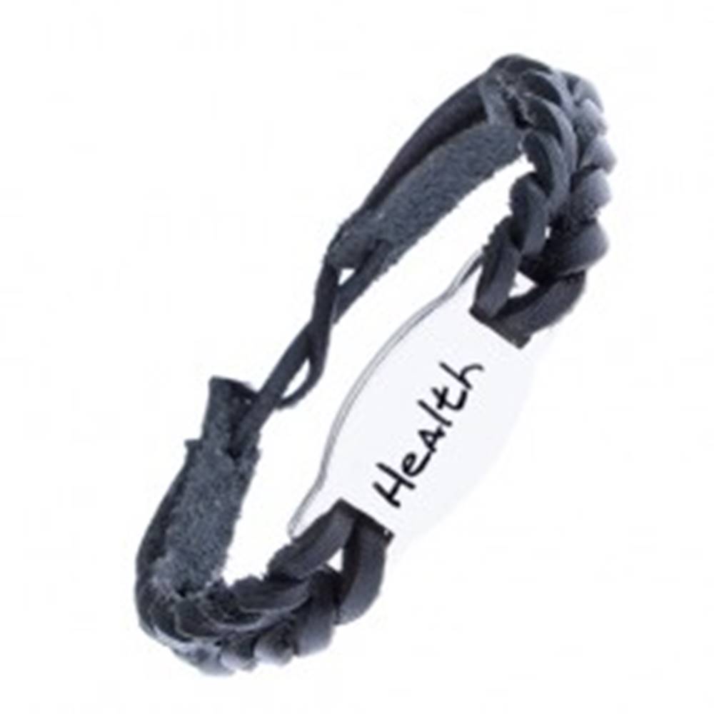 Šperky eshop Kožený čierny náramok - pletený, známka, nápis "HEALTH"