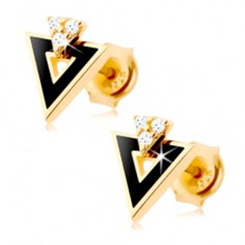 Šperky eshop Náušnice zo žltého 9K zlata - čierny trojuholník s výrezom, číre zirkóniky