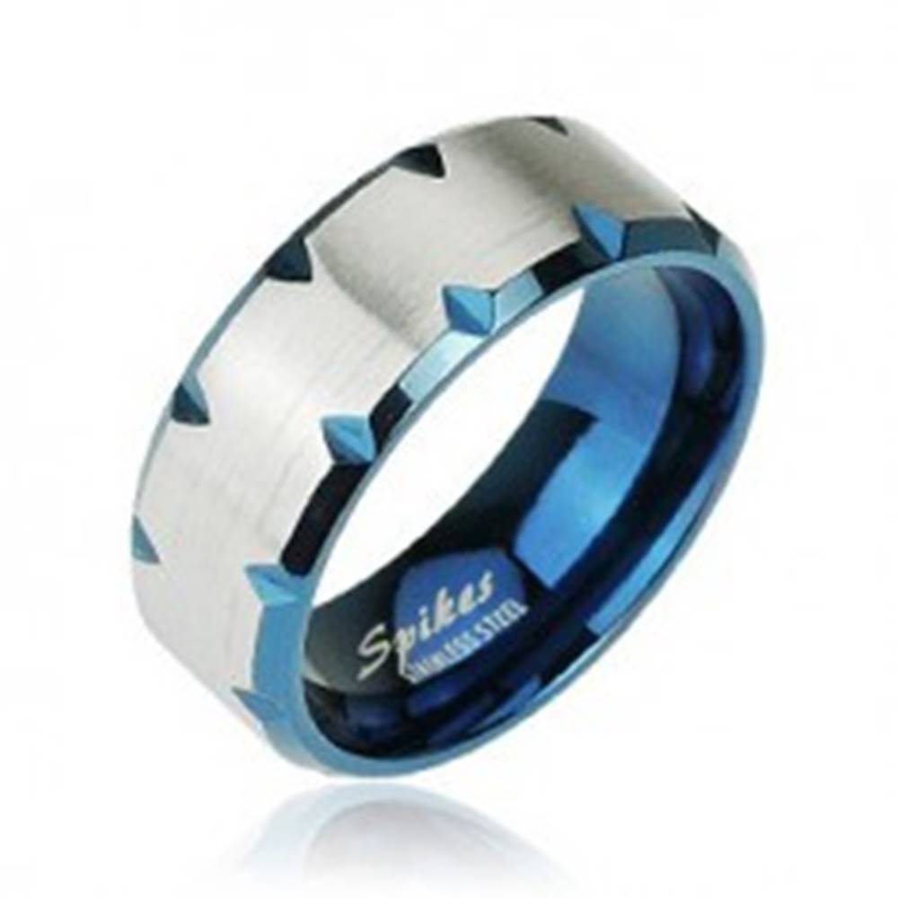 Šperky eshop Oceľový prsteň modrý - zárezy na okraji - Veľkosť: 49 mm