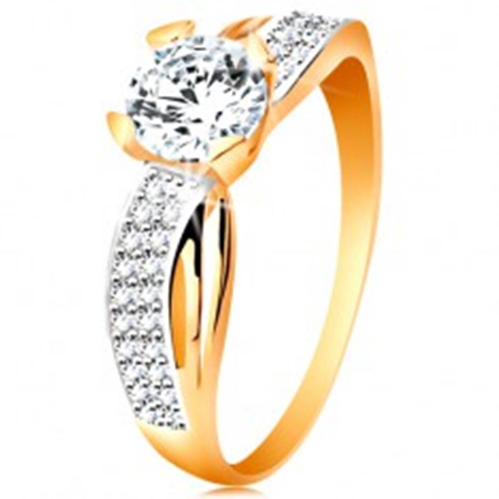 Šperky eshop Prsteň zo 14K zlata - okrúhly zirkón čírej farby, trblietavá línia, úzke výrezy - Veľkosť: 49 mm