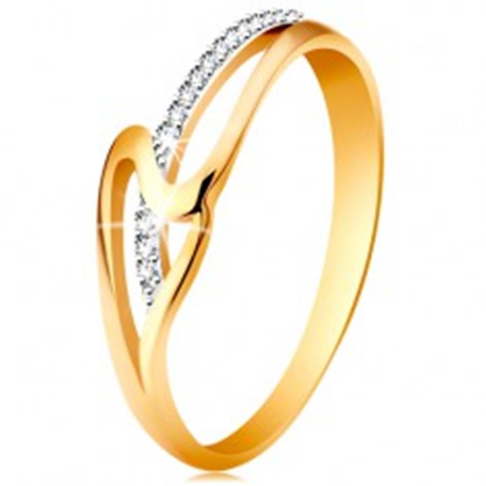 Šperky eshop Prsteň zo 14K zlata, rovné a zvlnené rameno, drobné číre zirkóniky - Veľkosť: 49 mm