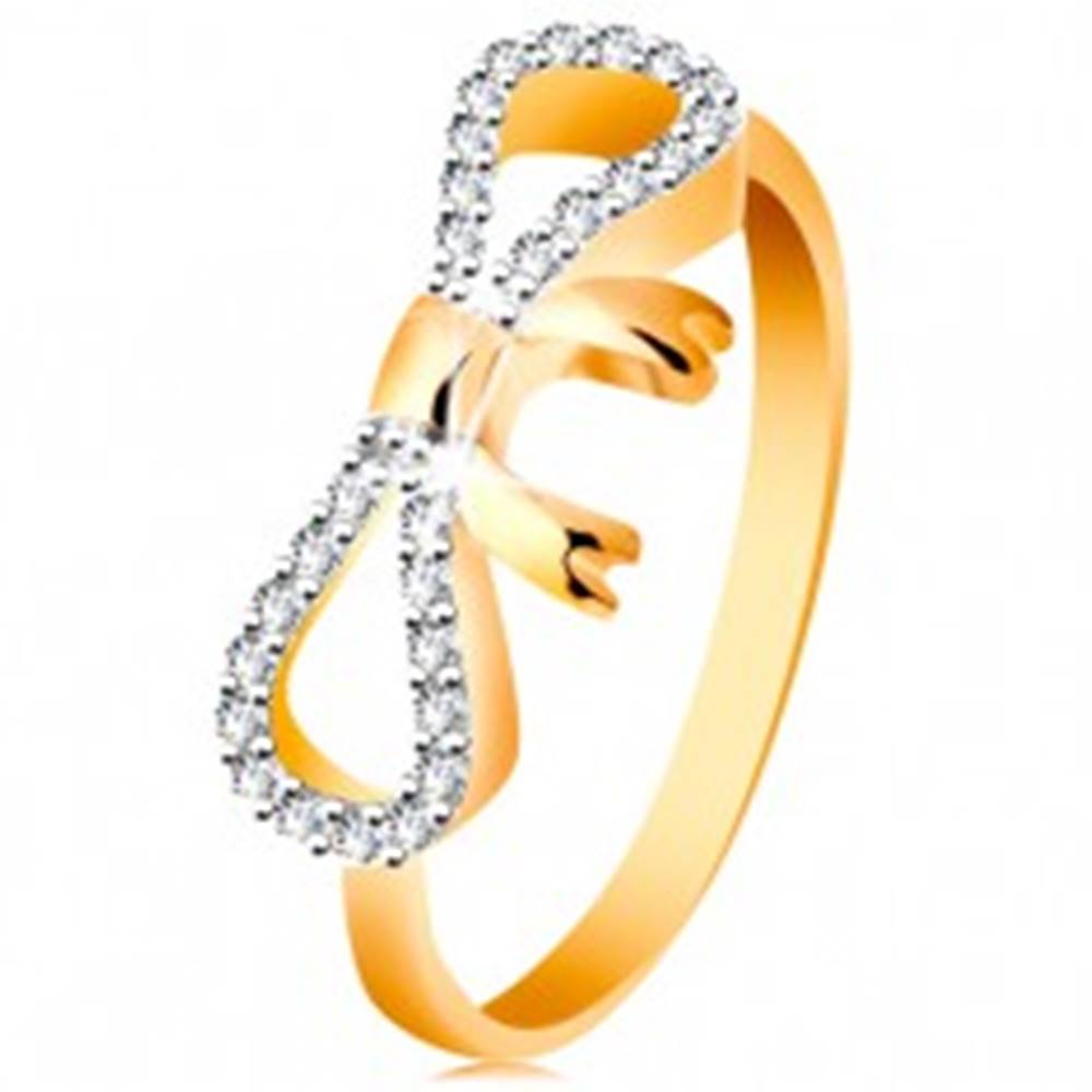 Šperky eshop Prsteň zo 14K zlata - zirkónmi a bielym zlatom zdobená mašlička, úzke ramená - Veľkosť: 49 mm