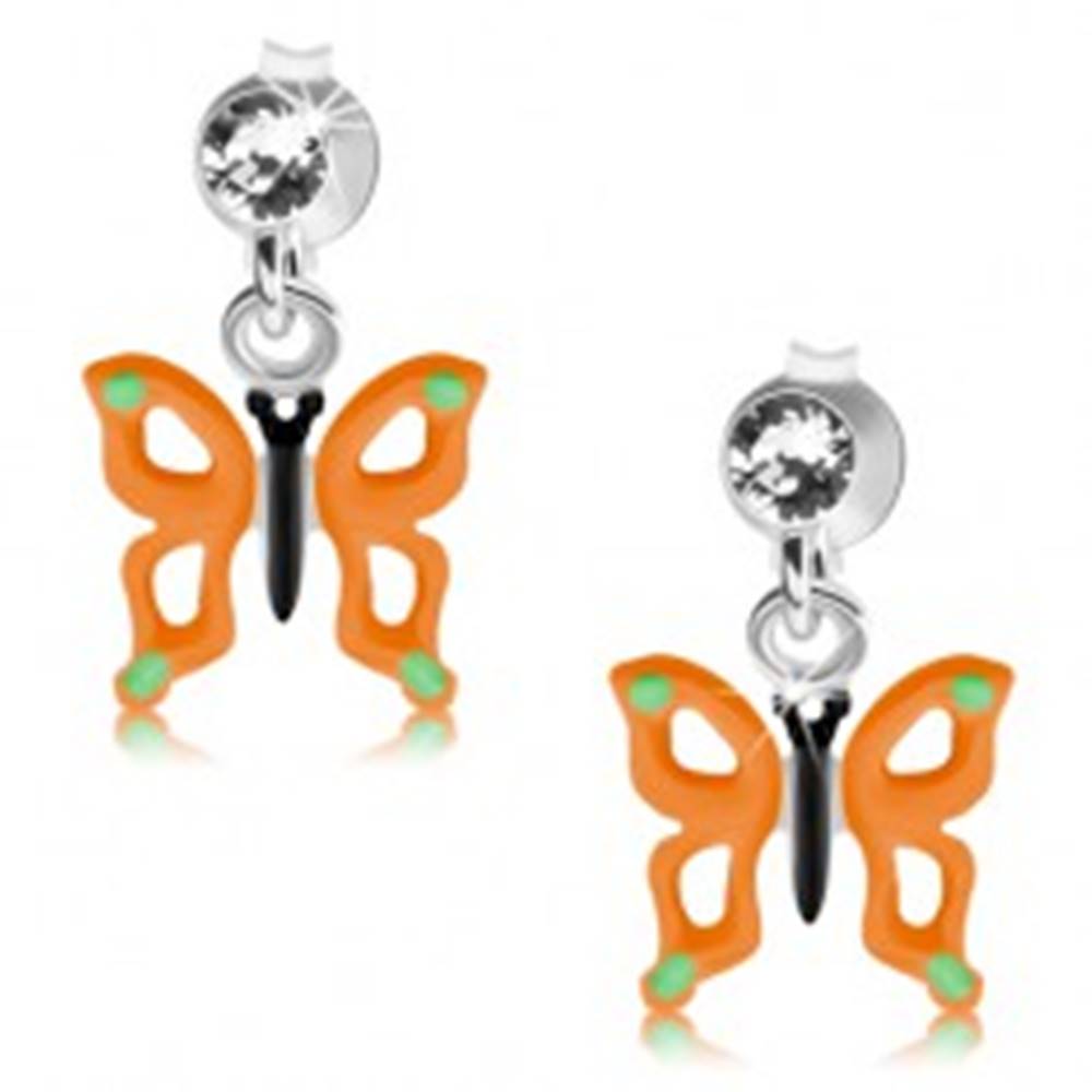 Šperky eshop Puzetové náušnice, striebro 925, motýľ s oranžovými krídlami, výrezy, krištáľ