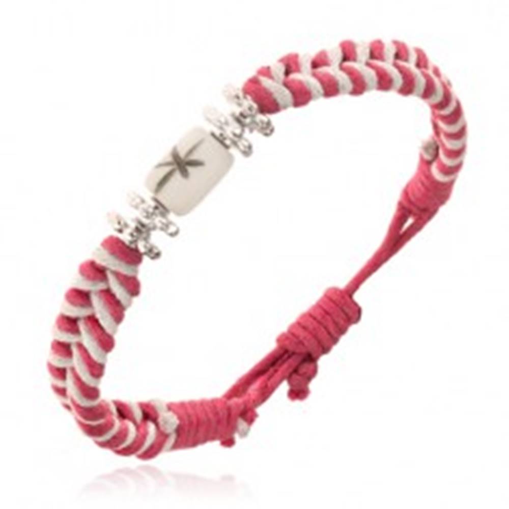 Šperky eshop Ružovo-biely šnúrkový náramok s kvietkami a valčekom