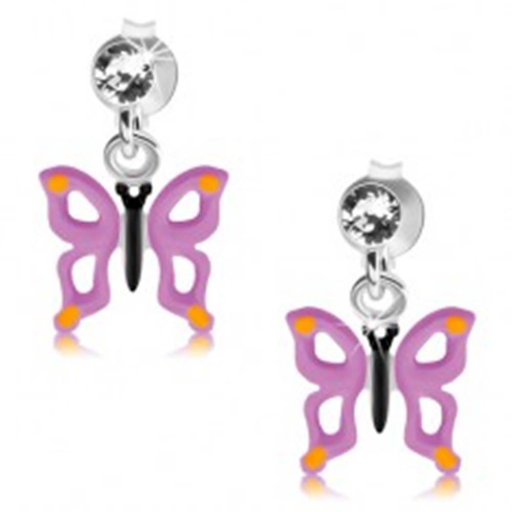 Šperky eshop Strieborné 925 náušnice, číry krištálik, motýľ s fialovými krídlami a výrezmi