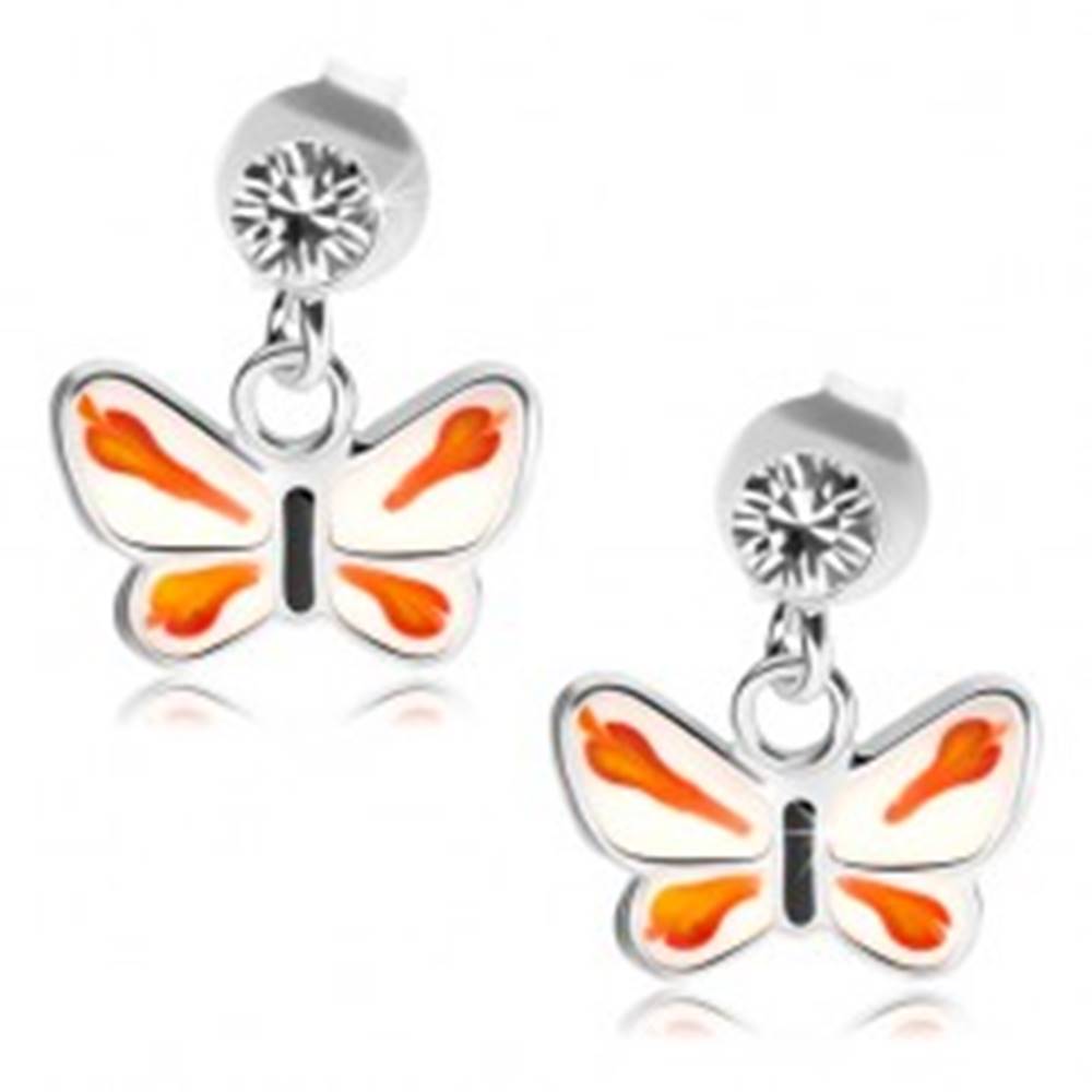 Šperky eshop Strieborné 925 náušnice, číry krištálik Swarovski, bielo-oranžový motýlik