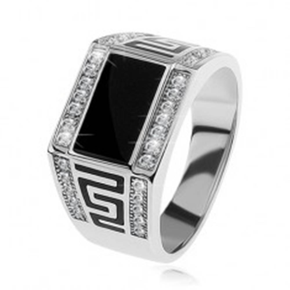 Šperky eshop Strieborný prsteň 925, čierny obdĺžnik, číre ligotavé kamienky, grécky kľúč - Veľkosť: 54 mm