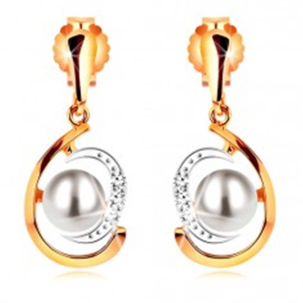 Šperky eshop Zlaté náušnice 585, dvojfarebná asymetrická slza, biela perla, zirkóny