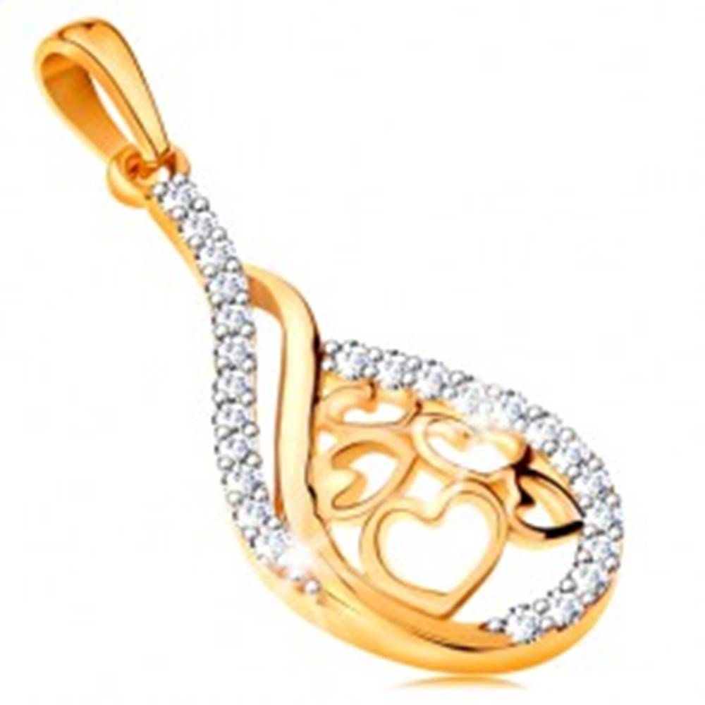 Šperky eshop Zlatý 14K prívesok - kvapka so srdiečkami v strede, línie čírych zirkónikov